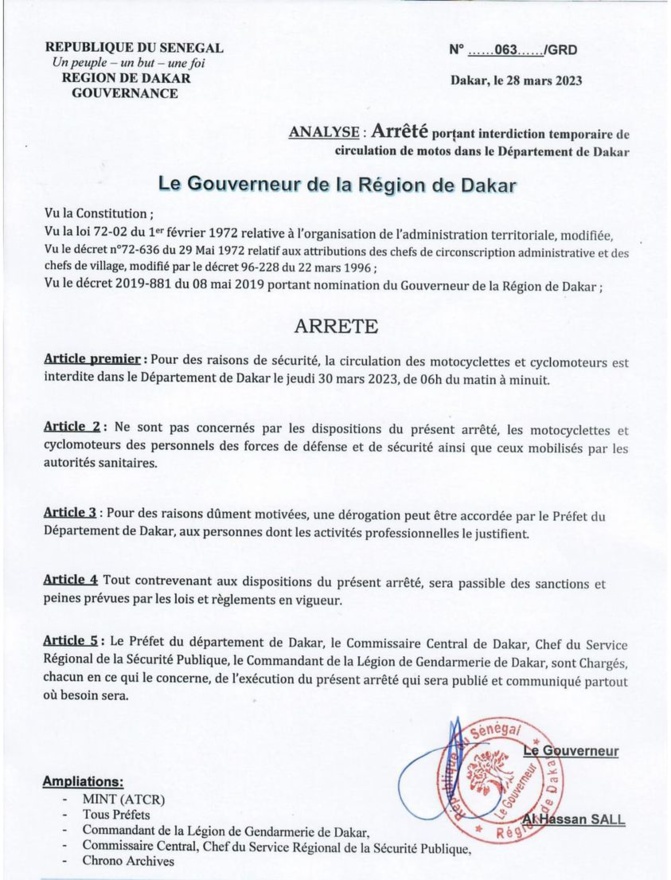 Procès Ousmane Sonko / Mame Mbaye Niang : Les motocyclettes et cyclomoteurs interdits de de circuler entre 6 h et minuit(Gouverneur)