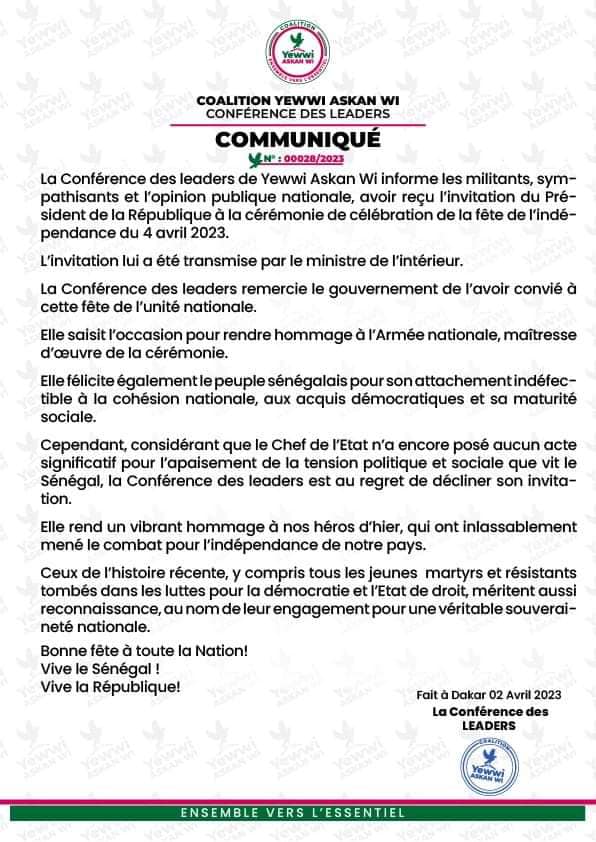 Défilé du 4 avril : Yewwi décline l'invitation de Macky Sall Défilé du 4 avril : Yewwi décline l'invitation de Macky Sall