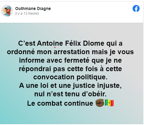 Convoqué à la DIC, Outhmane Diagne annonce qu'il n'ira pas répondre