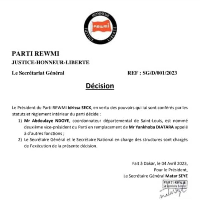 Rewmi : Yankhoba Diattara démis de ses fonctions de deuxième vice-président Rewmi : Yankhoba Diattara démis de ses fonctions de deuxième vice-président