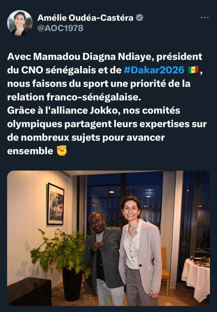 L'Alliance Jokko s’étend : Mamadou Diagna Ndiaye, président du CNOSS et Mme Amélie Oudéa-Castéra, en relation pour des lendemains meilleurs L'Alliance Jokko s’étend : Mamadou Diagna Ndiaye, président du CNOSS et Mme Amélie Oudéa-Castéra, en relation pour des lendemains meilleurs