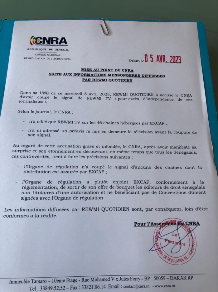 Affaire Rewmi tv: “Le CNRA n a suspendu aucune chaîne” Affaire Rewmi tv: “Le CNRA n a suspendu aucune chaîne”