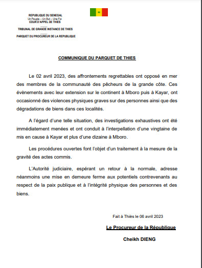 Affrontements entre pêcheurs : Le Parquet de Thiès annonce des arrestations à Mboro et à Cayar Affrontements entre pêcheurs : Le Parquet de Thiès annonce des arrestations à Mboro et à Cayar