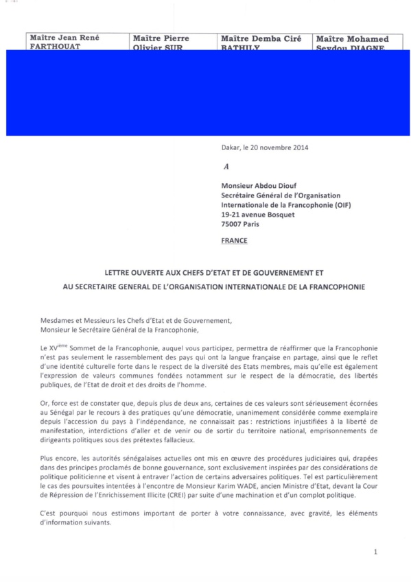 Lettre ouverte du Collectif des avocats du "prisonnier politique" Karim Wade aux chefs d'Etat et Gouvernements membres de l'Oif et à Abdou Diouf