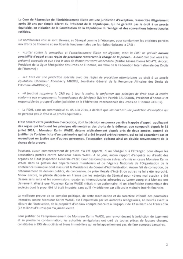 Lettre ouverte du Collectif des avocats du "prisonnier politique" Karim Wade aux chefs d'Etat et Gouvernements membres de l'Oif et à Abdou Diouf