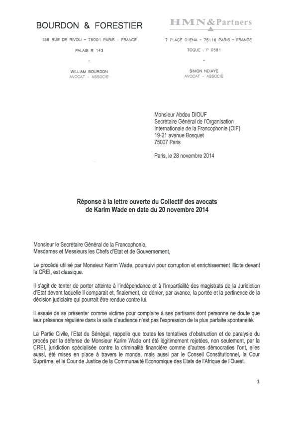 La partie civile répond aux avocats de Karim : Me Bourdon et Cie saisissent Diouf et démontent les accusations de Wade-fils (Document)