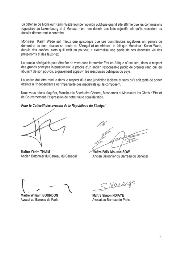 La partie civile répond aux avocats de Karim : Me Bourdon et Cie saisissent Diouf et démontent les accusations de Wade-fils (Document)