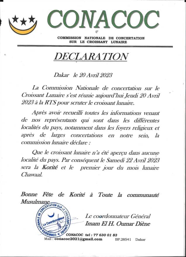 CONACOC: "La fête de la Korité sera célébrée samedi au Sénégal"
