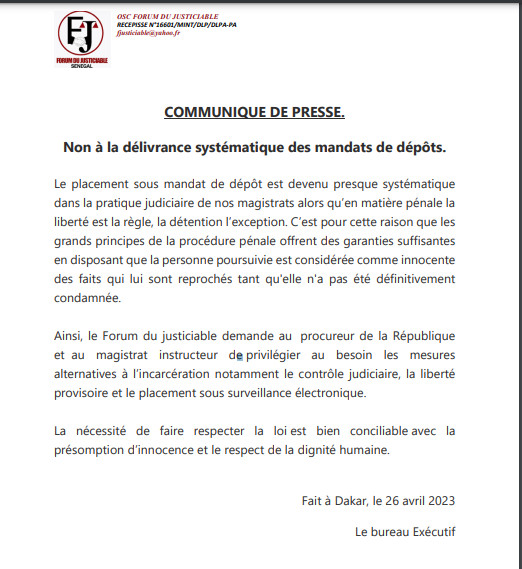 Le Forum du justiciable dit non "à la délivrance systématique" des mandats de dépôts. Le Forum du justiciable dit non "à la délivrance systématique" des mandats de dépôts.