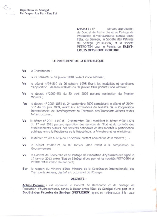 Exclusif! Voici le contrat de recherche et de partage d'hydrocarbures conclu entre l'Etat du Sénégal et Petro-Tim