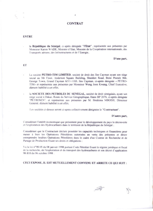 Exclusif! Voici le contrat de recherche et de partage d'hydrocarbures conclu entre l'Etat du Sénégal et Petro-Tim