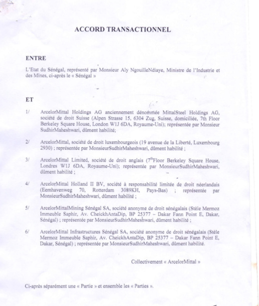 DOCUMENT - Voici l'accord transactionnel entre l’Etat du Sénégal et ARCELOR MITTAL