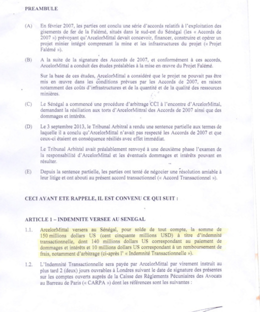 DOCUMENT - Voici l'accord transactionnel entre l’Etat du Sénégal et ARCELOR MITTAL