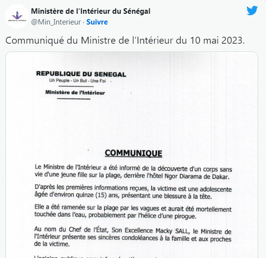 Fille décédée à Ngor: Le ministère de l'Intérieur donne sa version des faits Fille décédée à Ngor: Le ministère de l'Intérieur donne sa version des faits