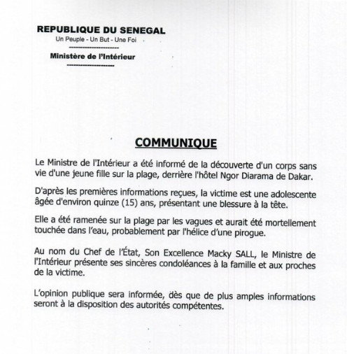 Fille décédée à Ngor: Le ministère de l'Intérieur donne sa version des faits Fille décédée à Ngor: Le ministère de l'Intérieur donne sa version des faits