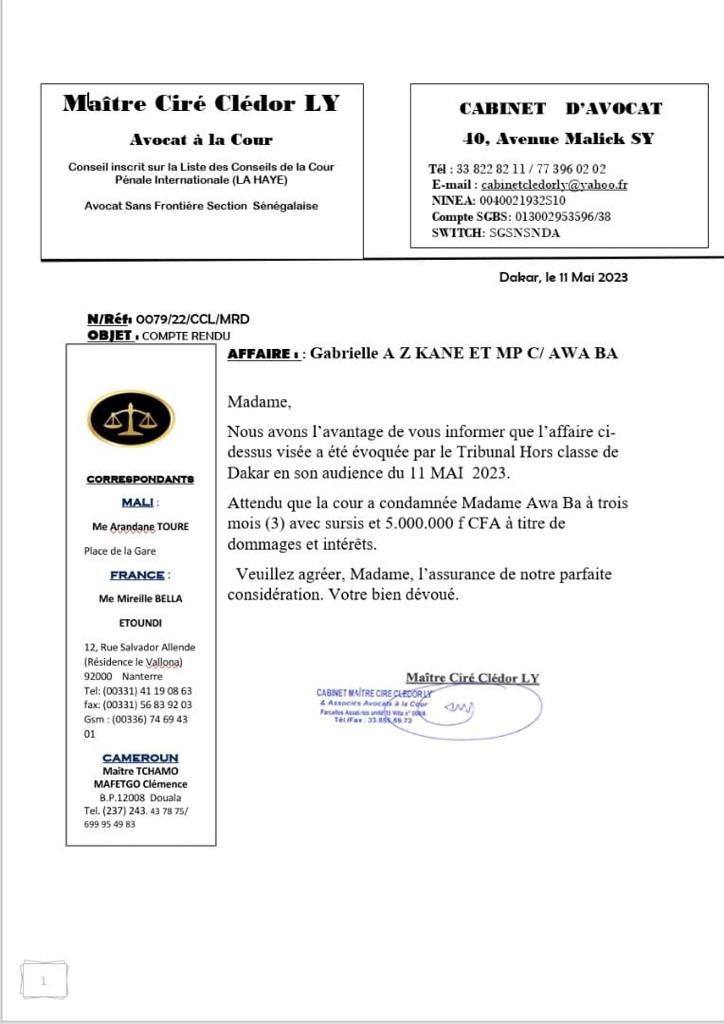 Affaire Gabrielle A. Z. Kane et MPC/Awa Bâ : Le verdict est tombé ! Affaire Gabrielle A. Z. Kane et MPC/Awa Bâ : Le verdict est tombé !