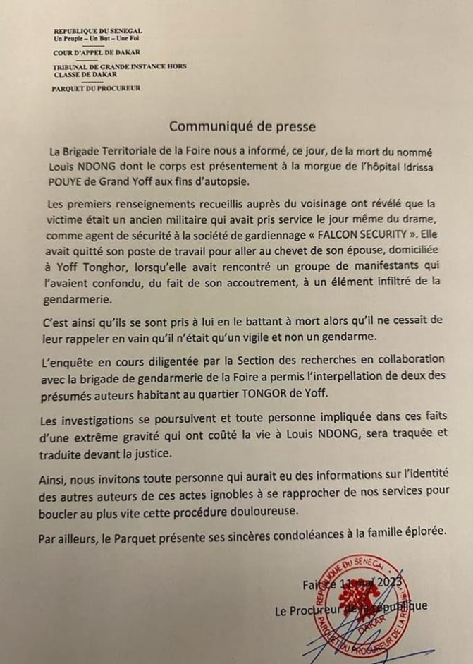 Manifestations de Yoff Tongor: Louis Ndong, confondu avec un élément infiltré de la Gendarmerie, sauvagement tué Manifestations de Yoff Tongor: Louis Ndong, confondu avec un élément infiltré de la Gendarmerie, sauvagement tué