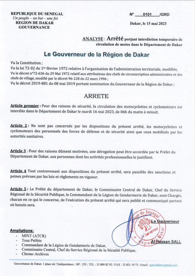 Département de Dakar: Arrêté portant interdiction temporaire de circulation de motos