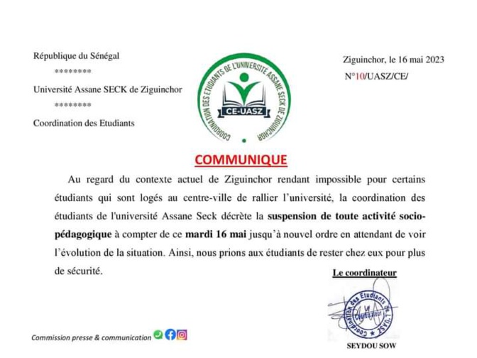 Université Assane Seck de Ziguinchor: Suspension de toute activité socio- pédagogique à compter de ce mardi