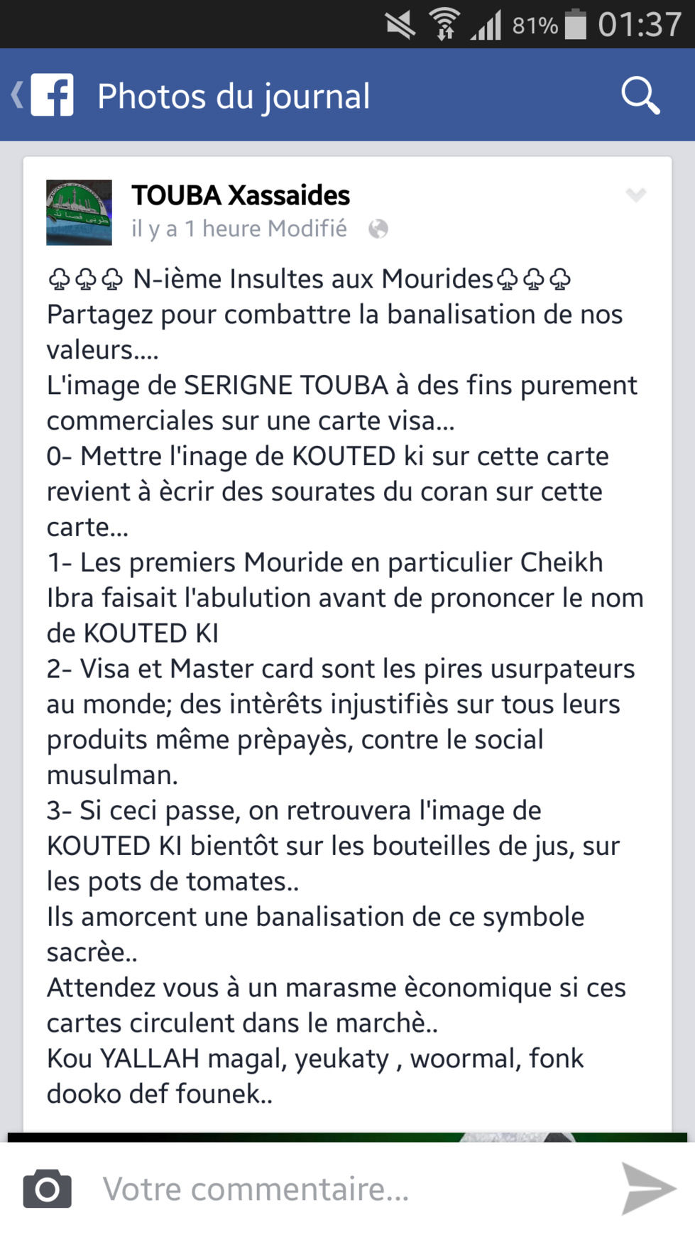 Un internaute dénonce l'utilisation de l'image de Serigne Touba sur une Carte visa prépayée 