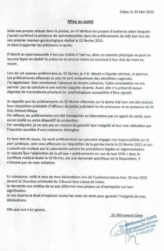 Présence de spermatozoïdes dans les prélèvements de Adji Sarr : Démenti et éclairage du gynécologue  Alfotisseyni Gaye