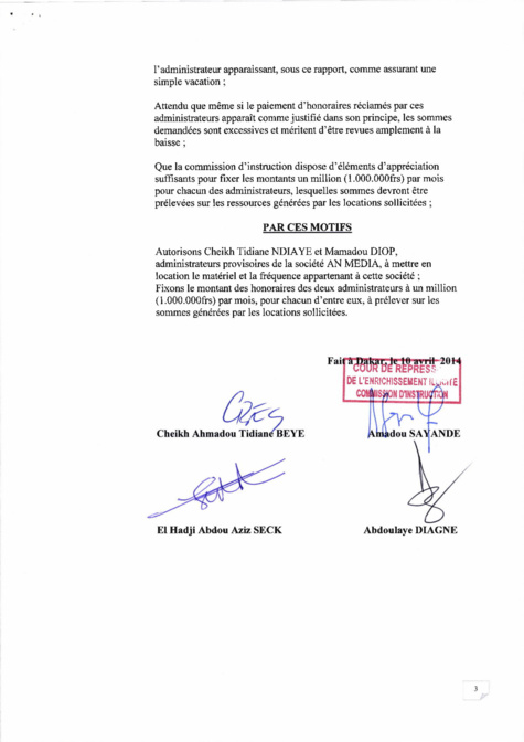 Documents - Affaire Karim Wade: Nommés administrateurs provisoires de AN Média, Cheikh Tidiane Ndiaye et Mamadou Diop réclamaient chacun 3 millions de salaire par mois