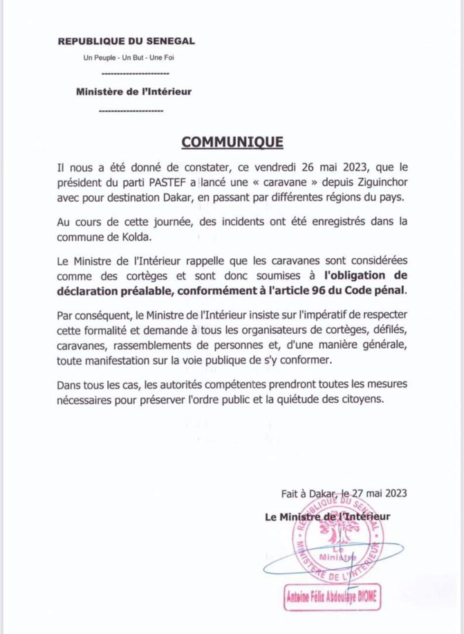 Caravane d'Ousmane Sonko : Les avertissements du ministre de l'Intérieur