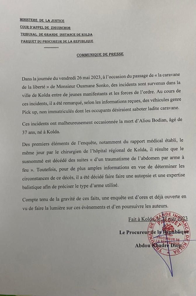 Incidents de la Caravane de la Liberté d'Ousmane Sonko: Les précisions du Procureur de la République du Tribunal de Grande Instance de Kolda
