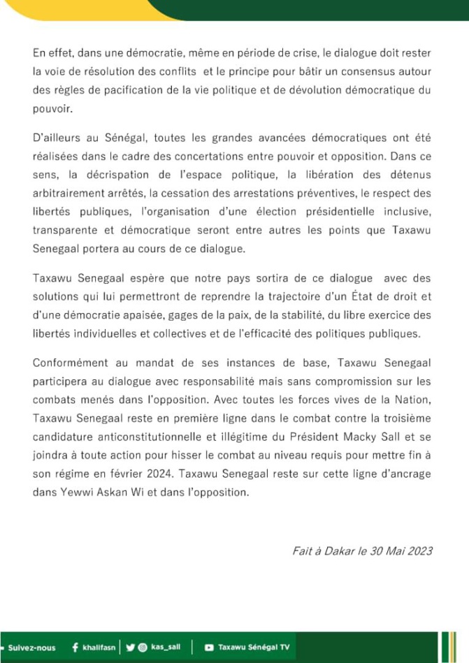 Dialogue national : Taxawu Sénégal de Khalifa Sall annonce sa participation Dialogue national : Taxawu Sénégal de Khalifa Sall annonce sa participation