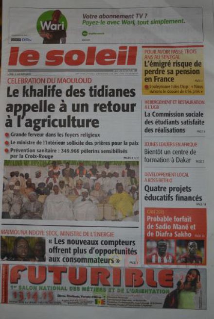 A la Une du Journal Le Soleil du lundi 05 janvier 2015