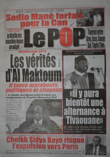 A la Une du Journal Le Soleil du lundi 05 janvier 2015