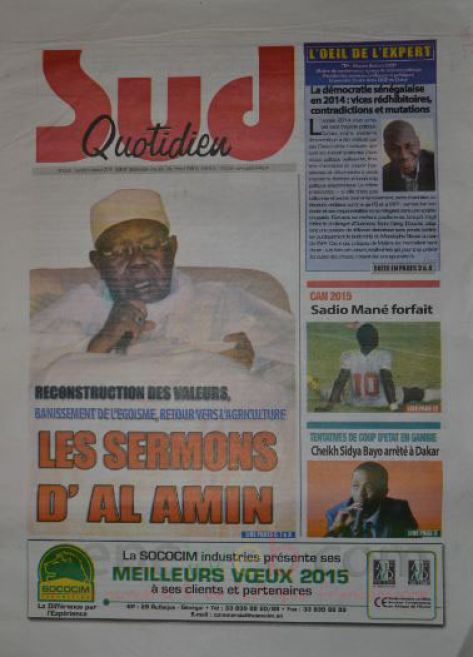 A la Une du Journal Le Soleil du lundi 05 janvier 2015