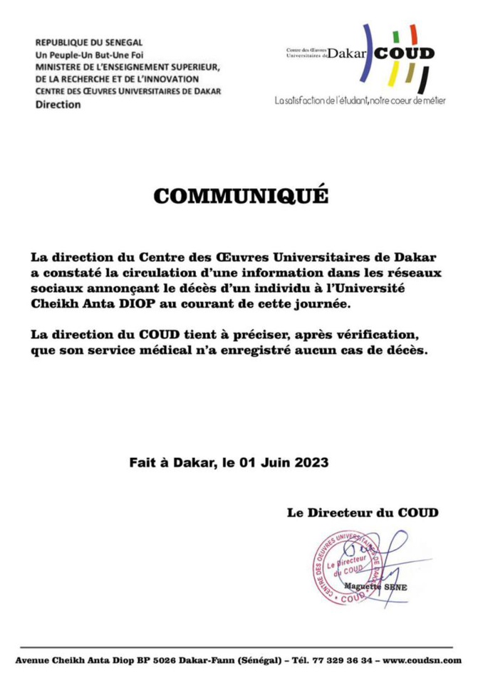 Décès d'un individu à l'Ucad : La direction du Coud dément Décès d'un individu à l'Ucad : La direction du Coud dément