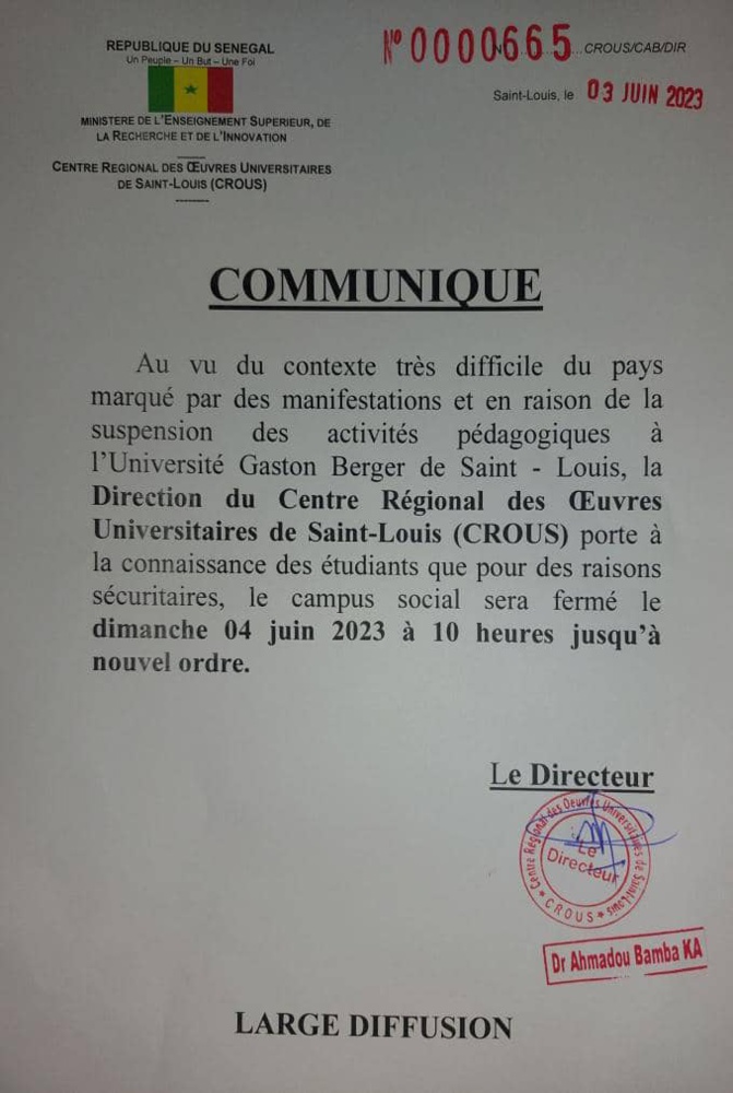 L'UGB ferme ses portes jusqu'à nouvel ordre (Document)