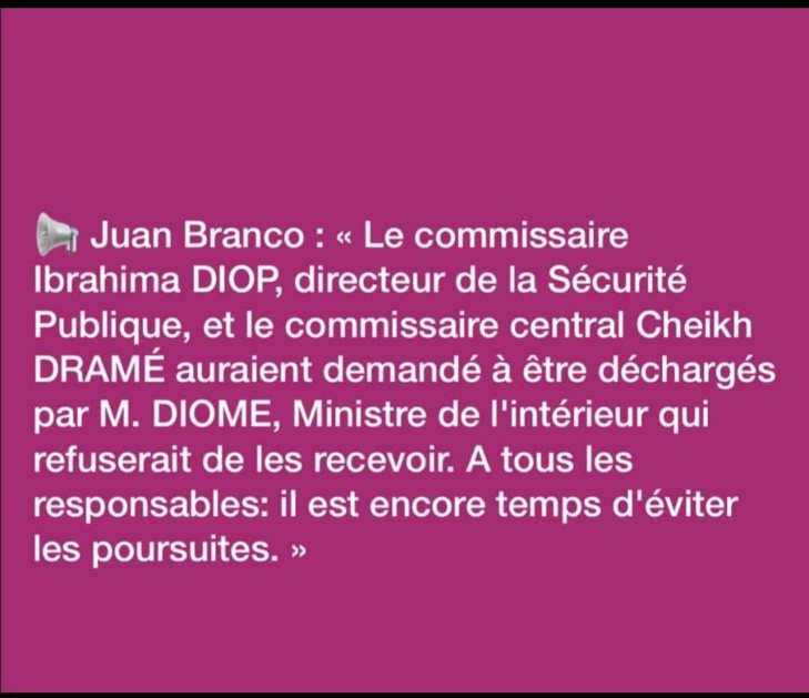 Fake news: Juan Branco accuse les Commissaires Ibrahima Diop et Cheikh Dramé, d’avoir demandé à être déchargés Fake news: Juan Branco accuse les Commissaires Ibrahima Diop et Cheikh Dramé, d’avoir demandé à être déchargés