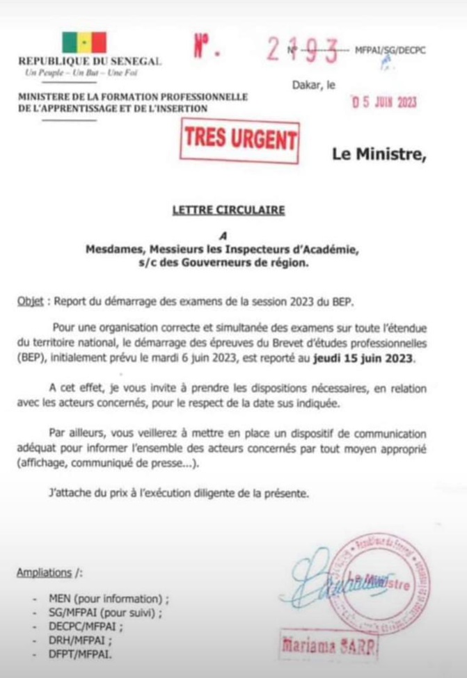 Report du démarrage des examens de la session 2023 du BEP (Document)