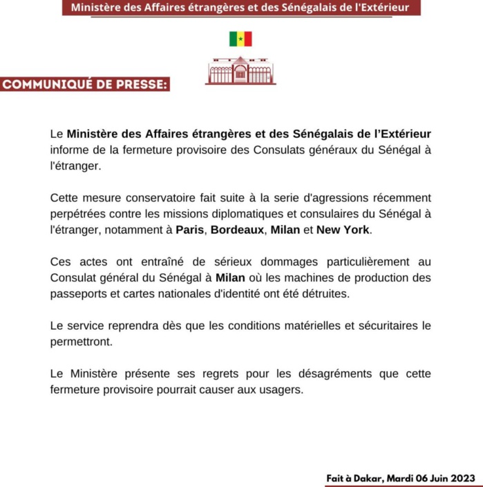 Le Ministère des Affaires étrangères annonce la fermeture provisoire des Consulats généraux du Sénégal à l’étranger