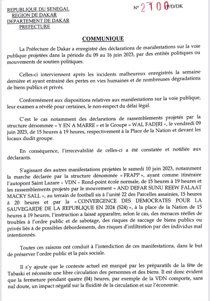 Le Préfet de Dakar interdit les manifestations prévues en fin de semaine