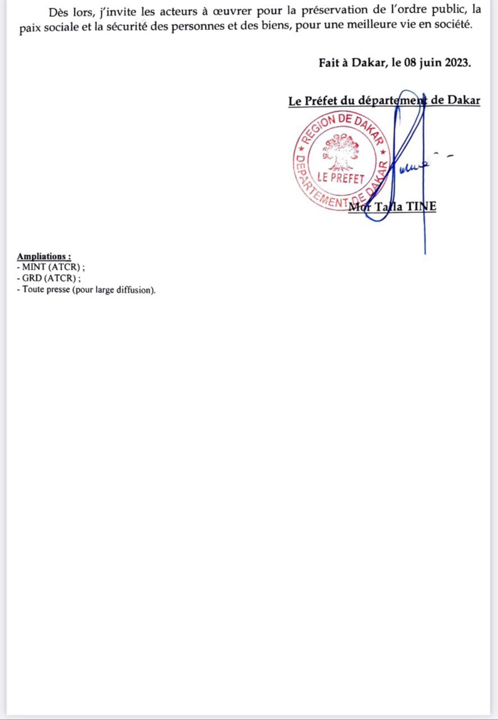 Le Préfet de Dakar interdit les manifestations prévues en fin de semaine