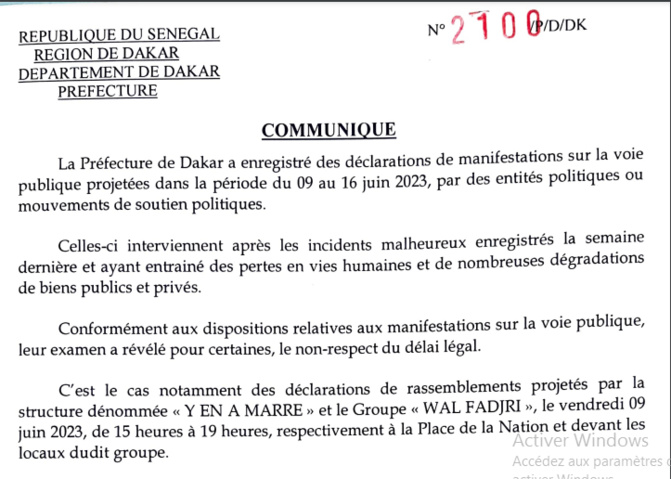 Manifestations sur la voie publique : « Y EN A MARRE » et le Groupe « WAL FADJRI » interdits de rassemblement, ce vendredi