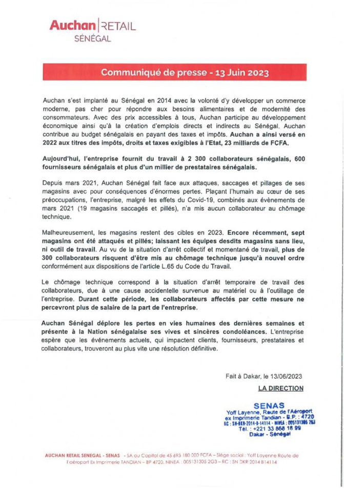 Saccages et pillages de ses magasins : Plus de 300 travailleurs d’Auchan risquent de se retrouver au chômage Saccages et pillages de ses magasins : Plus de 300 travailleurs d’Auchan risquent de se retrouver au chômage