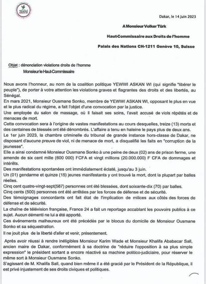 "Violation des droits de l'homme": Yewwi Askan Wi saisit le Haut-Commissaire aux Droits de l'Homme "Violation des droits de l'homme": Yewwi Askan Wi saisit le Haut-Commissaire aux Droits de l'Homme