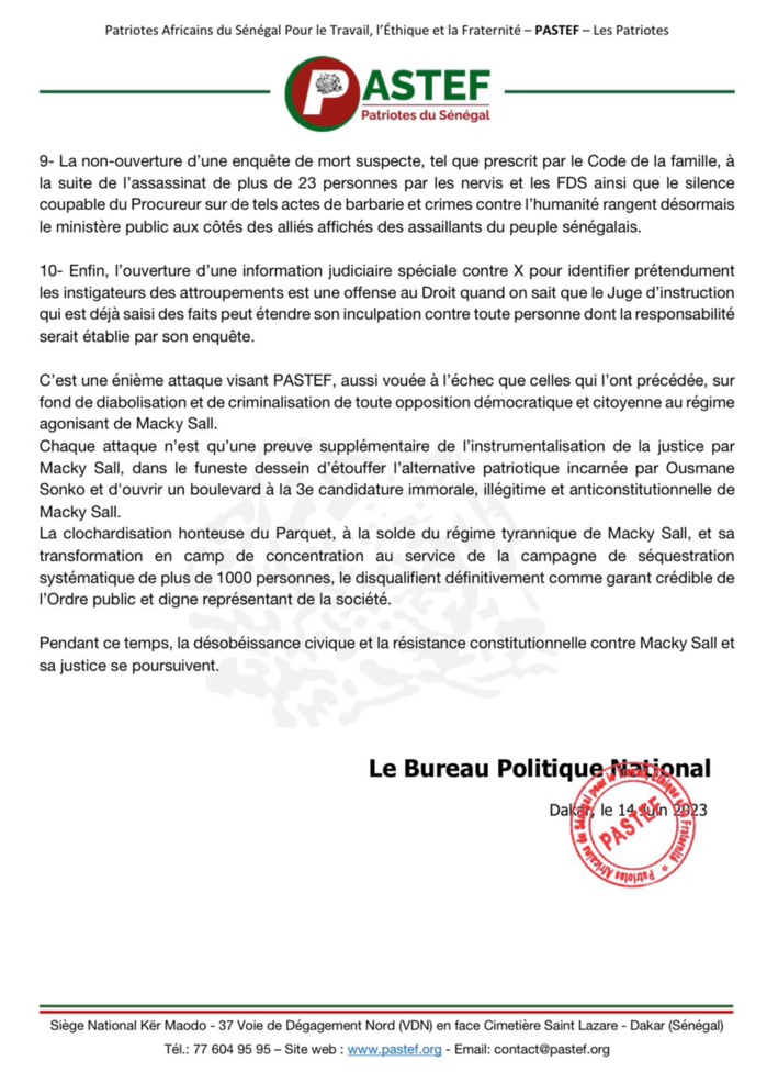 Ouverture d’une information judicaire spéciale contre X : Pastef, « Les Patriotes » dénonce une énième attaque contre le Parti, vouée à l’échec