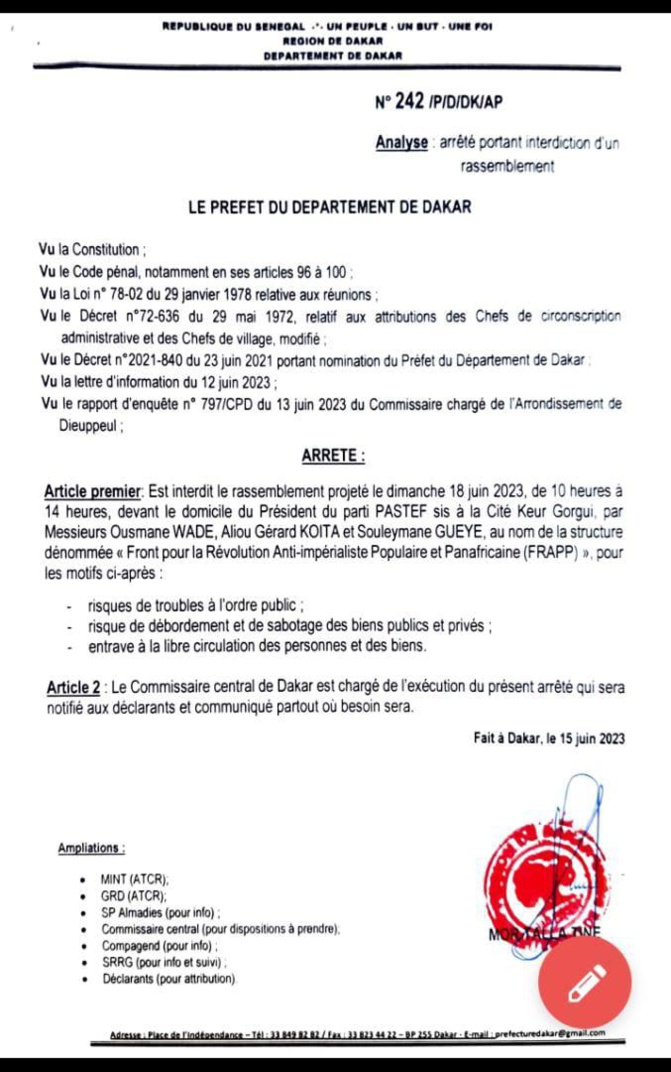 Le Préfet de Dakar interdit la manifestation de Frapp, prévue dimanche (Document)