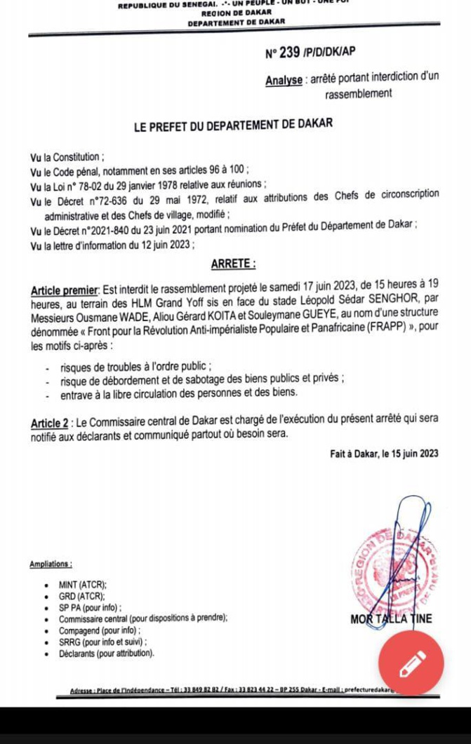 Interdiction du rassemblement de Frapp, prévu samedi