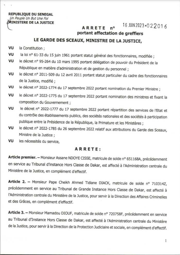 La liste complète des greffiers affectés par le ministre de la Justice (Documents)