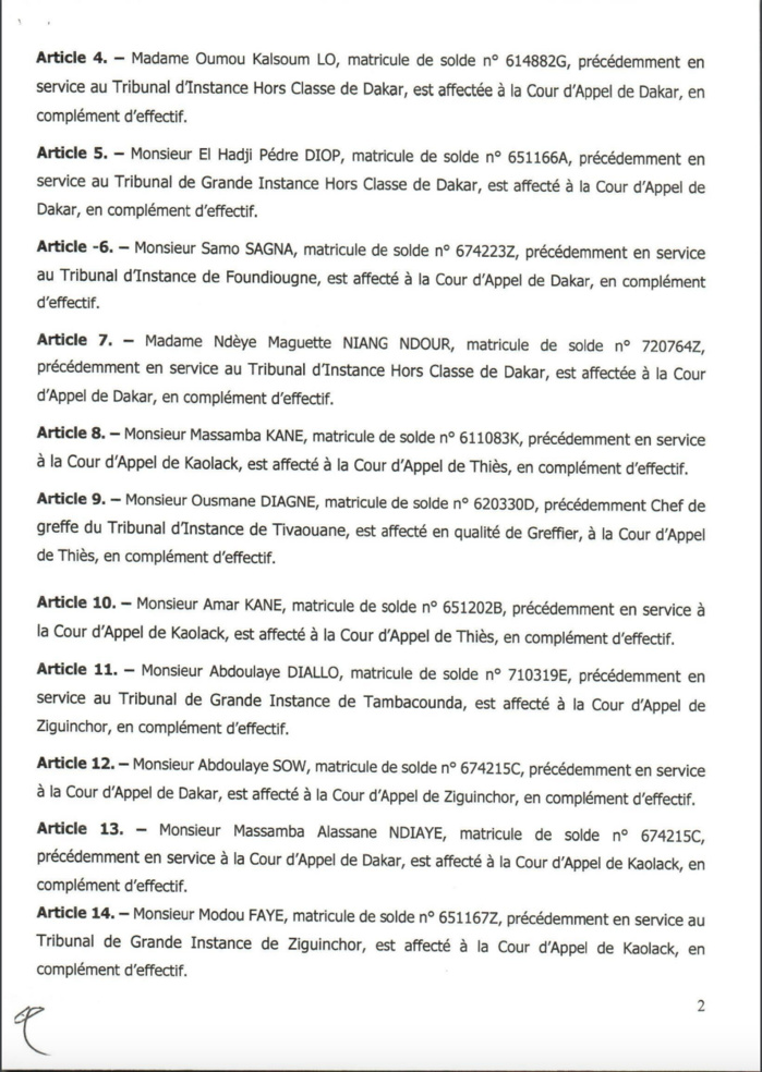 La liste complète des greffiers affectés par le ministre de la Justice (Documents)