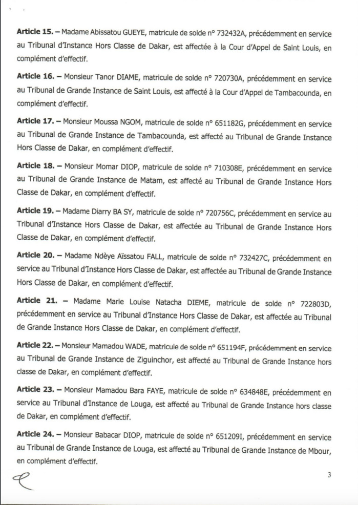 La liste complète des greffiers affectés par le ministre de la Justice (Documents)