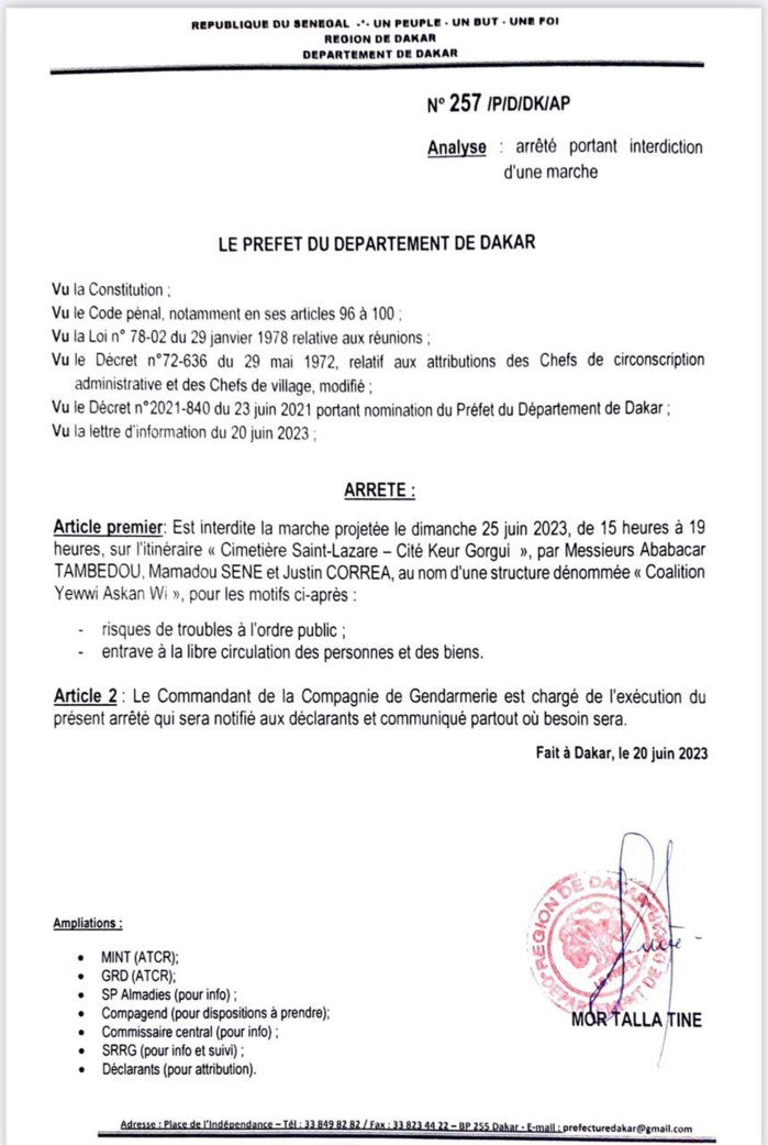Le préfet de Dakar interdit les manifestations prévues vendredi et dimanche (Documents) Le préfet de Dakar interdit les manifestations prévues vendredi et dimanche (Documents)