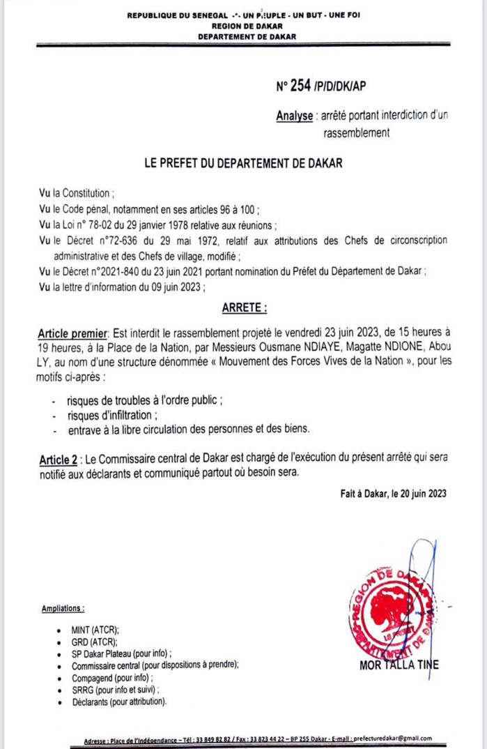 Le préfet de Dakar interdit les manifestations prévues vendredi et dimanche (Documents) Le préfet de Dakar interdit les manifestations prévues vendredi et dimanche (Documents)